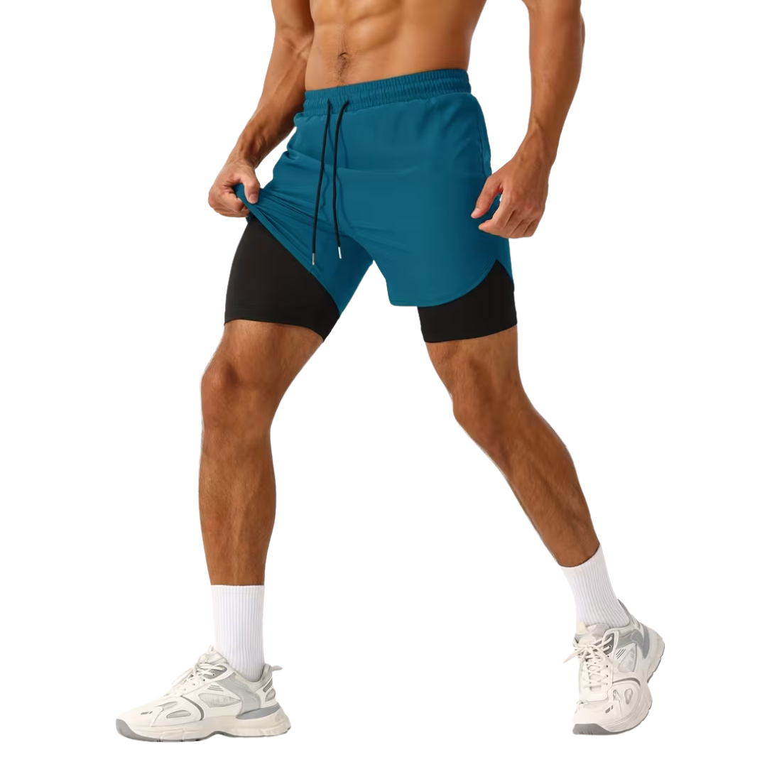 Herre 2-i-1 sportshorts – hurtigtørkende & baklomme med glidelås