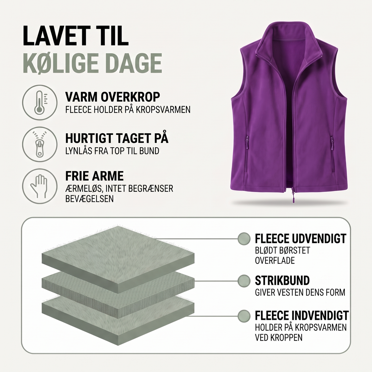 Fleecevest dame i lilla – lynlåsen i nærbillede