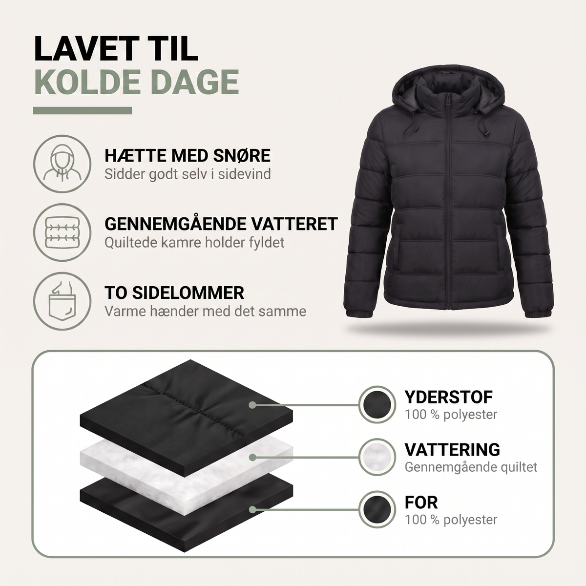 Vinterjakke dame detalje af vatteret for