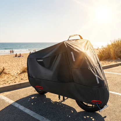 Sort motorcykel cover på en parkeringsplads ved stranden i solskin