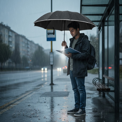 Mand ved stoppestedet med stormparaply og LED-lys