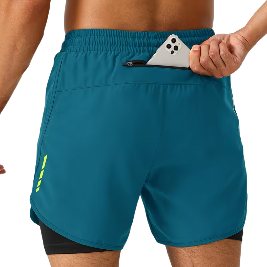 Herre 2-i-1 sportshorts – hurtigtørkende & baklomme med glidelås
