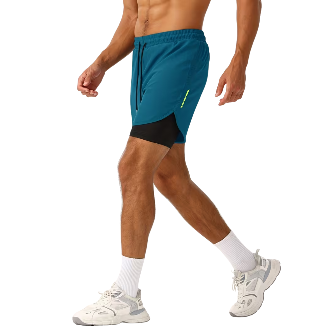 Herre 2-i-1 sportshorts – hurtigtørkende & baklomme med glidelås