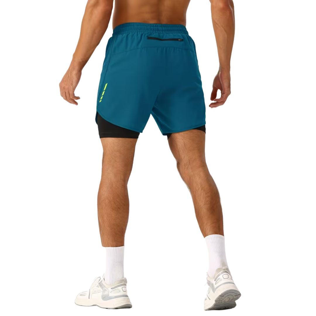 Herre 2-i-1 sportshorts – hurtigtørkende & baklomme med glidelås