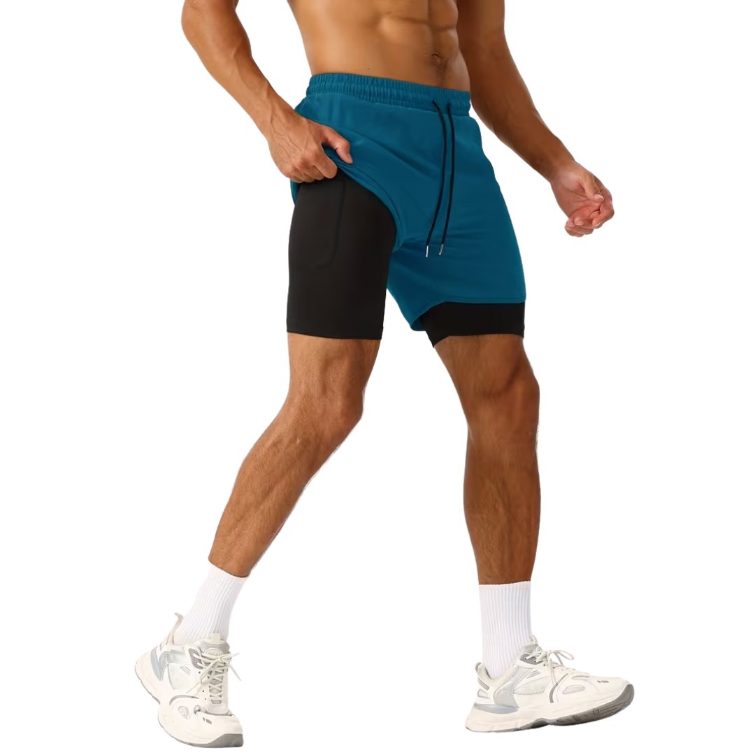 Herre 2-i-1 sportshorts – hurtigtørkende & baklomme med glidelås