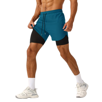 Herre 2-i-1 sportshorts – hurtigtørkende & baklomme med glidelås