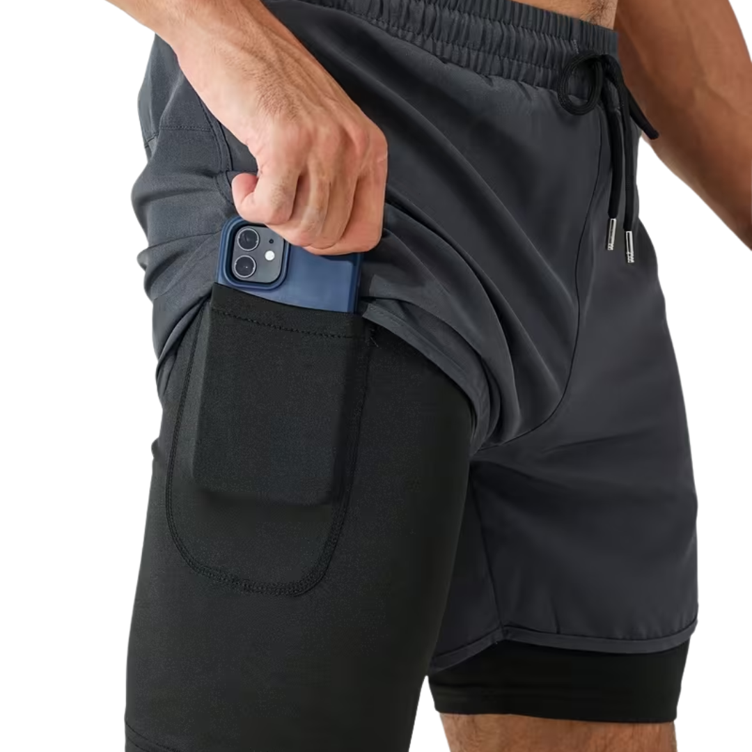 Herre 2-i-1 sportshorts – hurtigtørkende & baklomme med glidelås