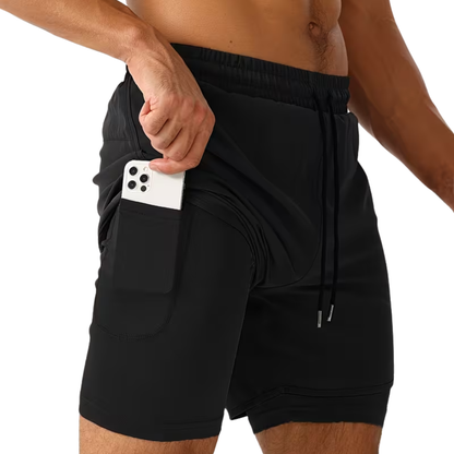 Herre 2-i-1 sportshorts – hurtigtørkende & baklomme med glidelås