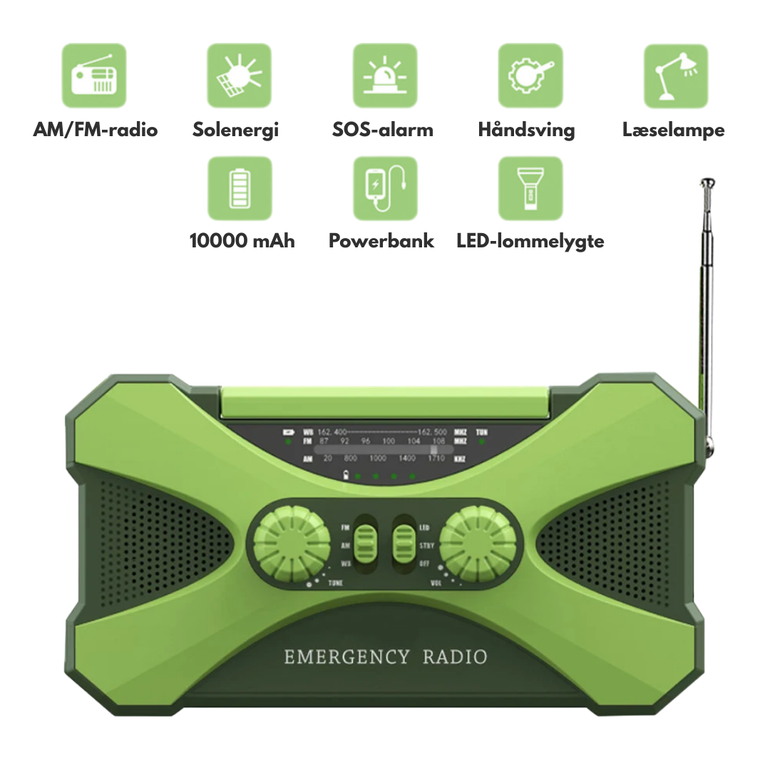 Multifunktionel Nødradio 10000mAh – Solenergi, Håndsving, LED & SOS Alarm
