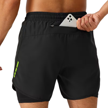 Herre 2-i-1 sportshorts – hurtigtørkende & baklomme med glidelås