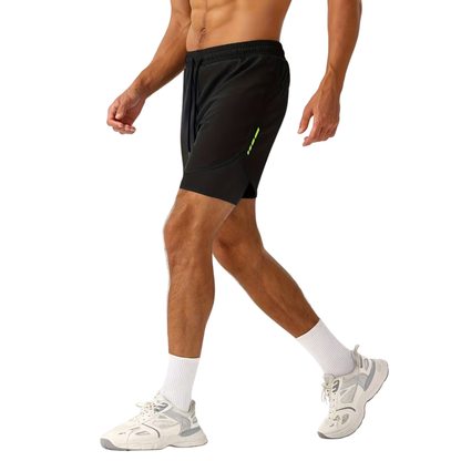 Herre 2-i-1 sportshorts – hurtigtørkende & baklomme med glidelås