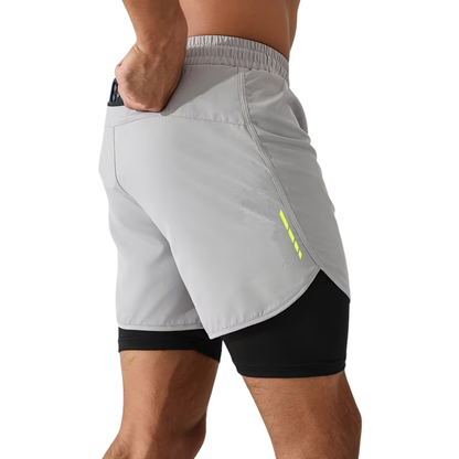 Herre 2-i-1 sportshorts – hurtigtørkende & baklomme med glidelås