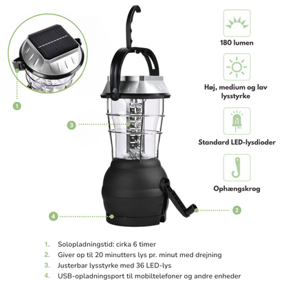 Bærbar Campinglampe – LED – Solenergi & Håndsving