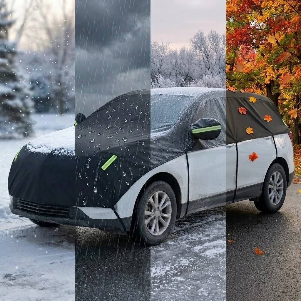 Bilovertræk SUV sort i regn, frost og efterårsblade