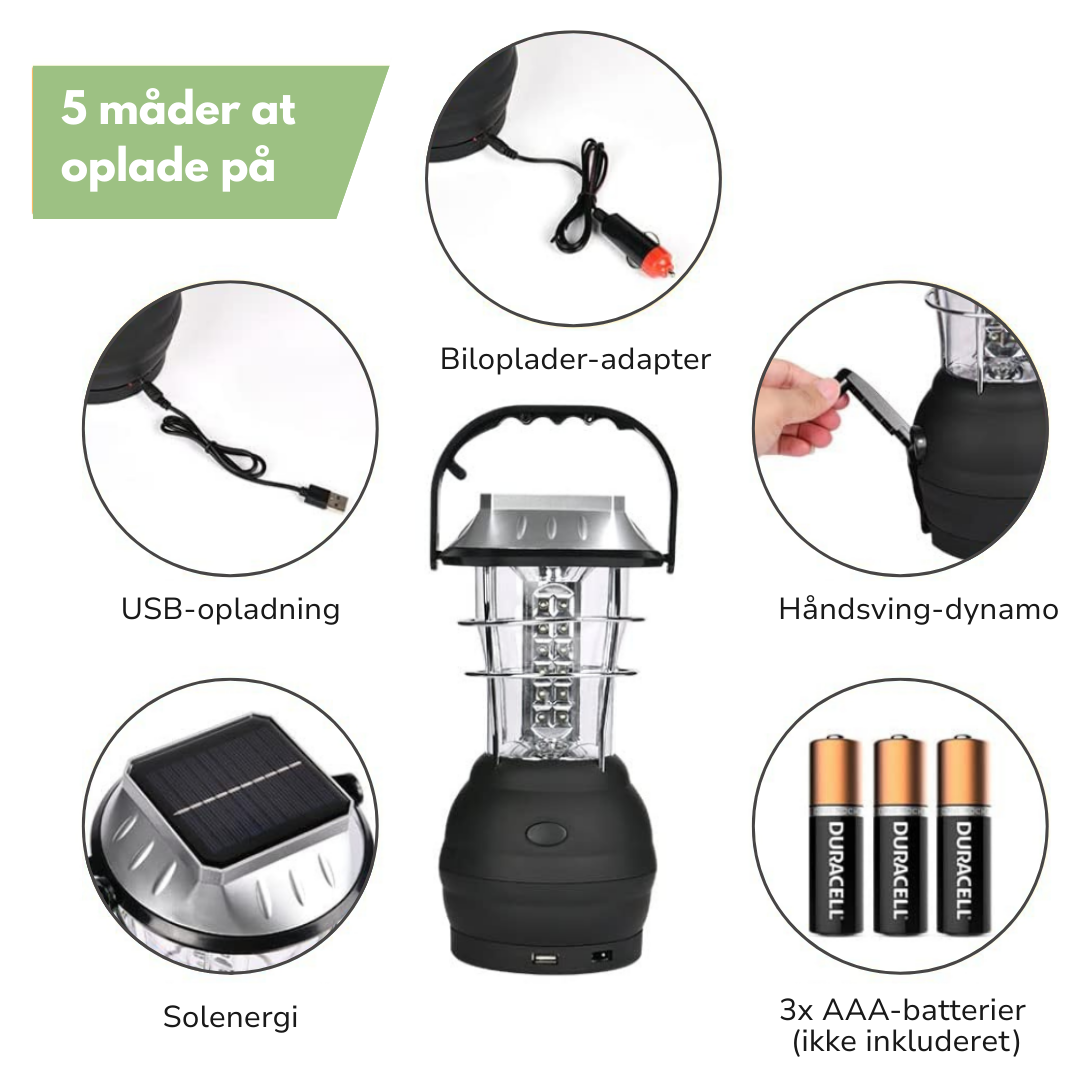 Bærbar Campinglampe – LED – Solenergi & Håndsving