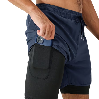 Herre 2-i-1 sportshorts – hurtigtørkende & baklomme med glidelås