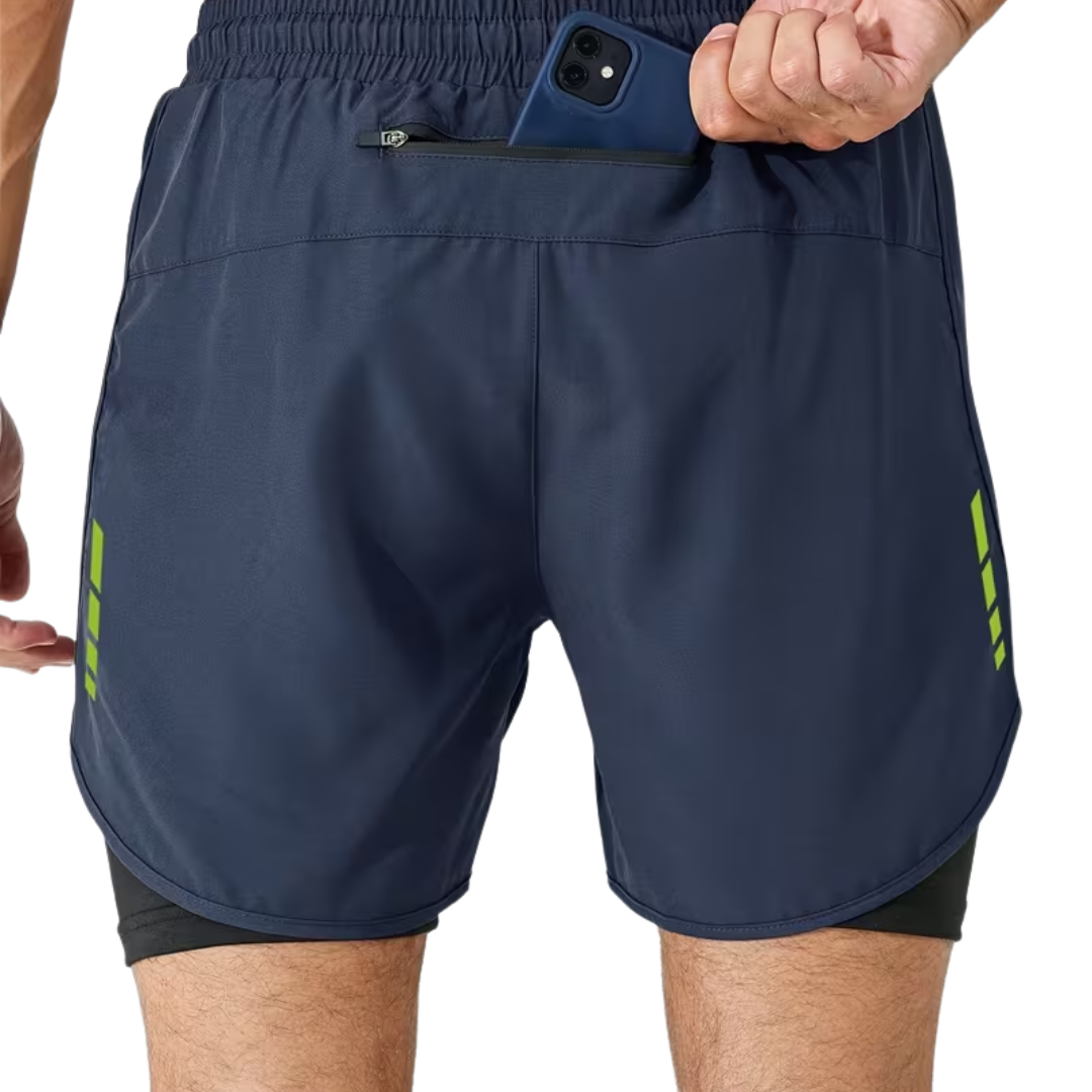 Herre 2-i-1 sportshorts – hurtigtørkende & baklomme med glidelås