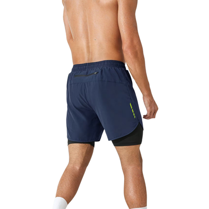 Herre 2-i-1 sportshorts – hurtigtørkende & baklomme med glidelås