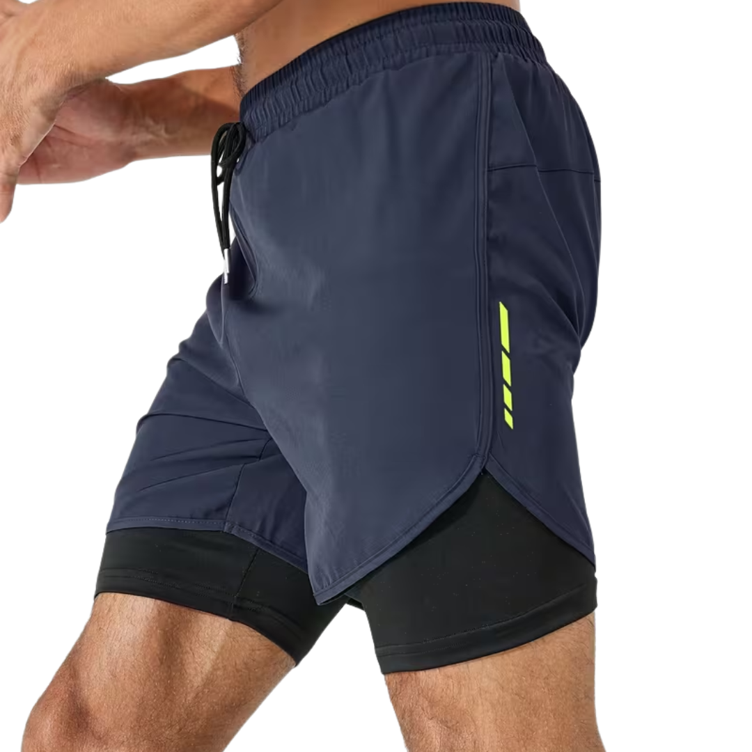 Herre 2-i-1 sportshorts – hurtigtørkende & baklomme med glidelås