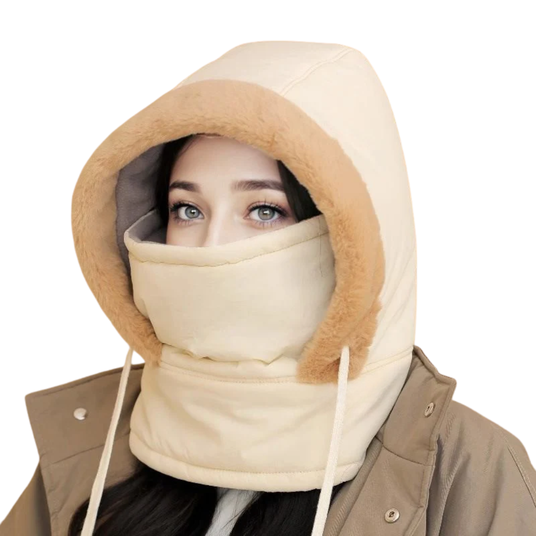 Balaclava hue i beige-camel med camelfarvet plyskant og ansigtsbeskyttelse