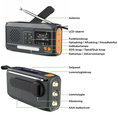DAB/FM Nødradio 4500mAh – Solenergi & Håndsveiv