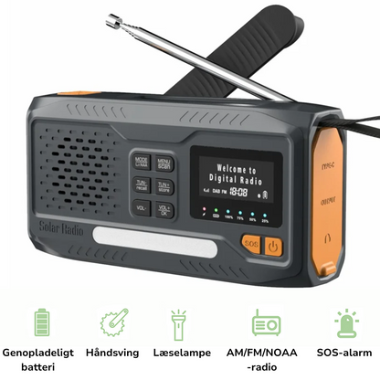 DAB/FM Nødradio 4500mAh – Solenergi & Håndsveiv
