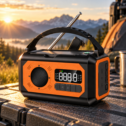 Nødradio i orange ved solopgang udendørs