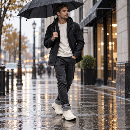Korte gummistøvler herre i beige foret på bytur i regnvejr