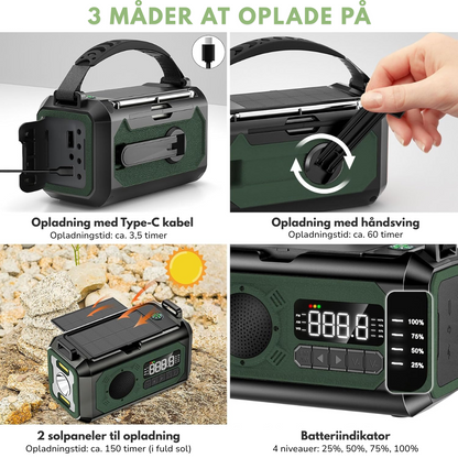 Nødradio med 12000 mAh – Solcellepanel & Håndsveiv