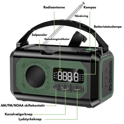 Nødradio med 12000 mAh – Solcellepanel & Håndsveiv