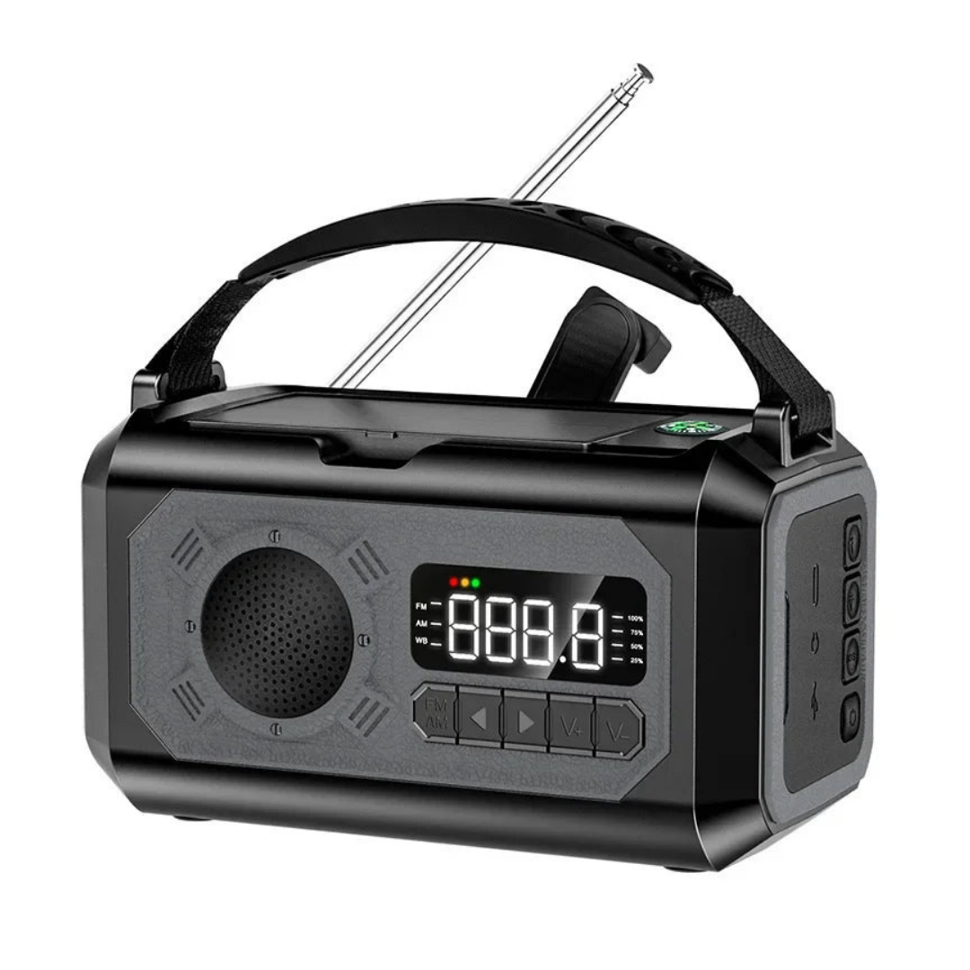 Nødradio med 12000 mAh – Solcellepanel & Håndsveiv