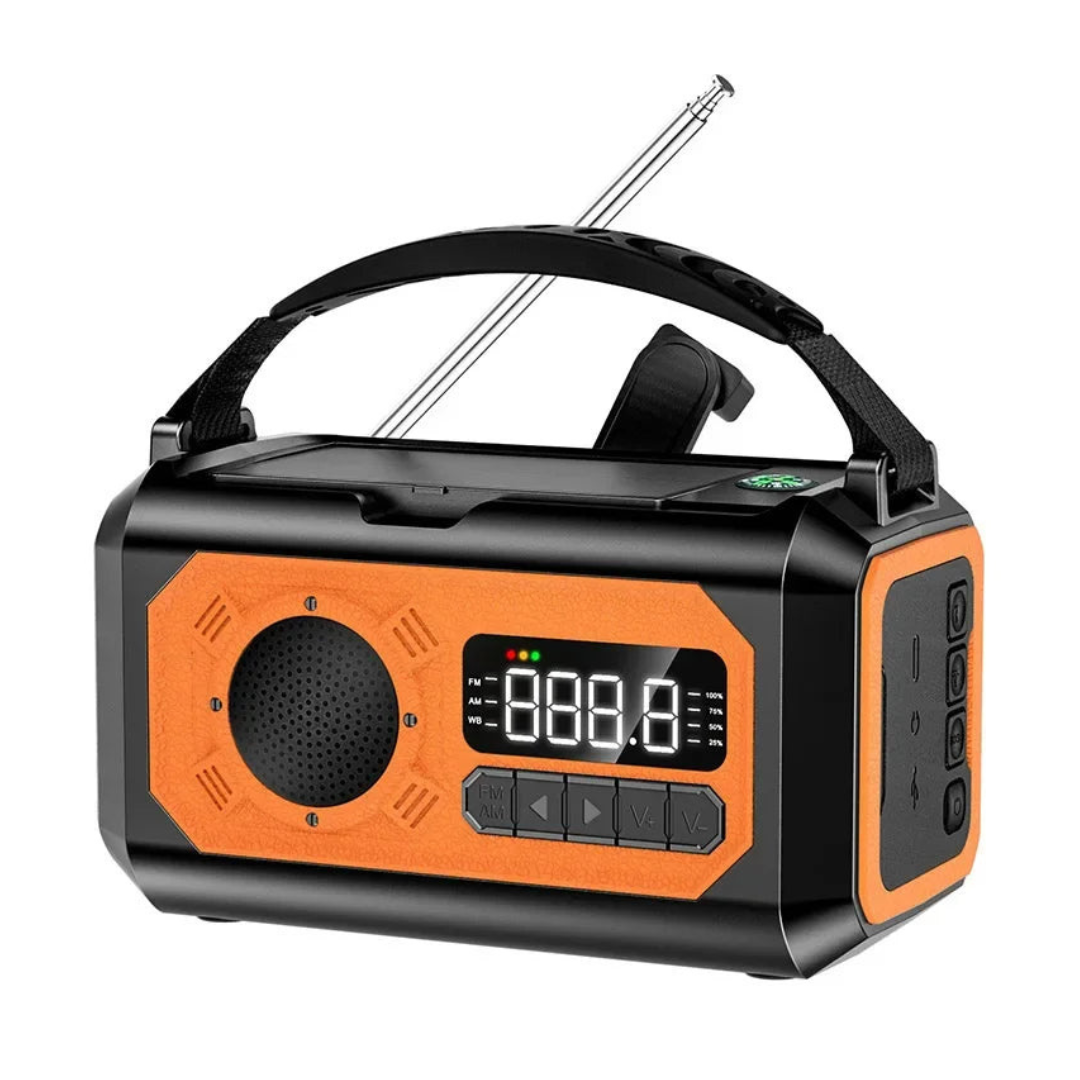 Nødradio med 12000 mAh – Solcellepanel & Håndsveiv