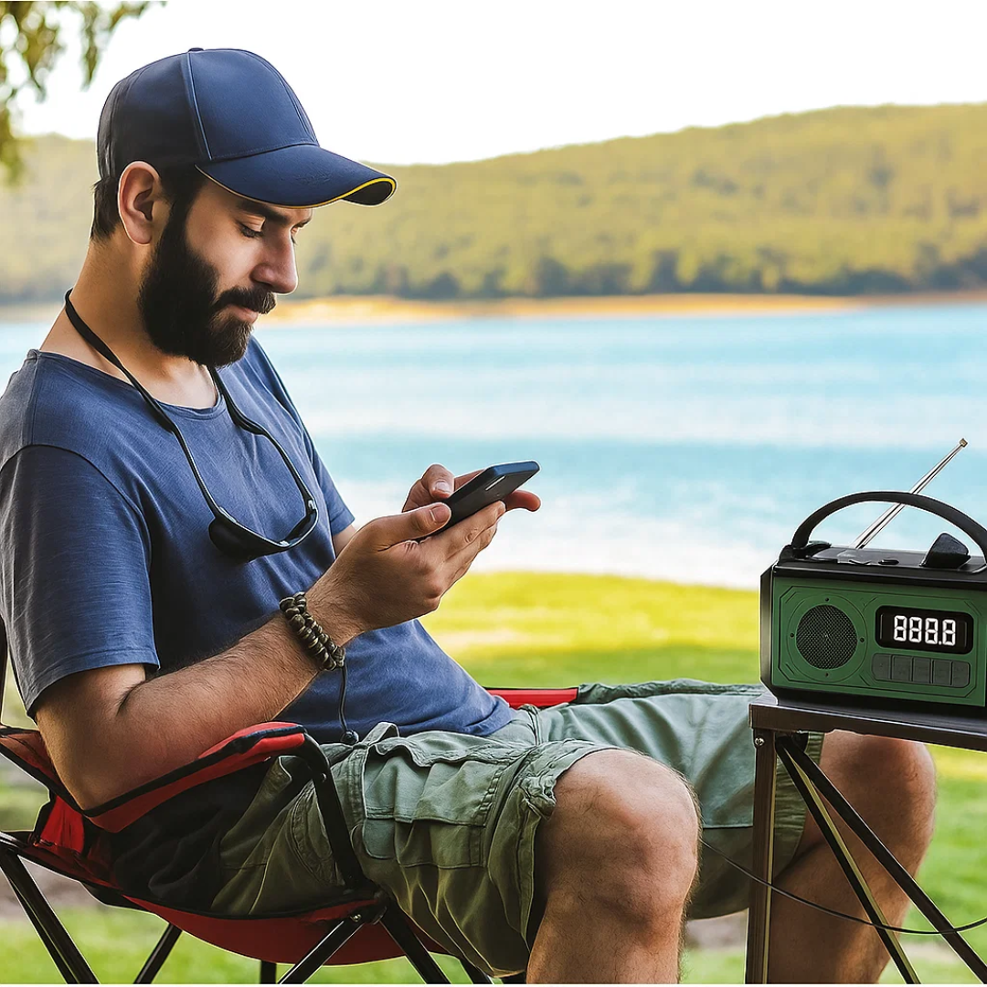 Nødradio med 12000 mAh – Solcellepanel & Håndsveiv