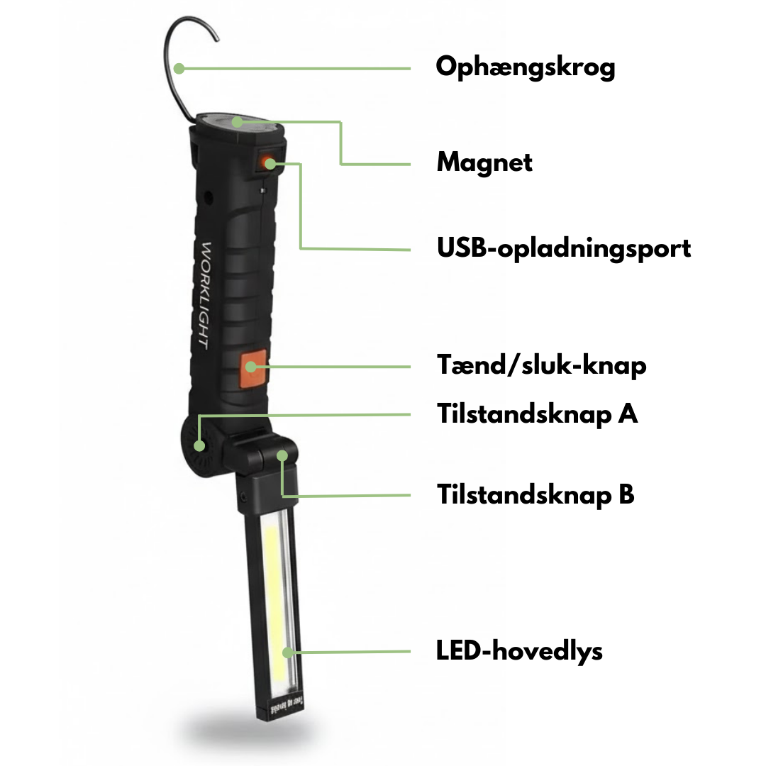 Oppladbar arbeidslampe – USB-C – magnetisk håndfri bruk