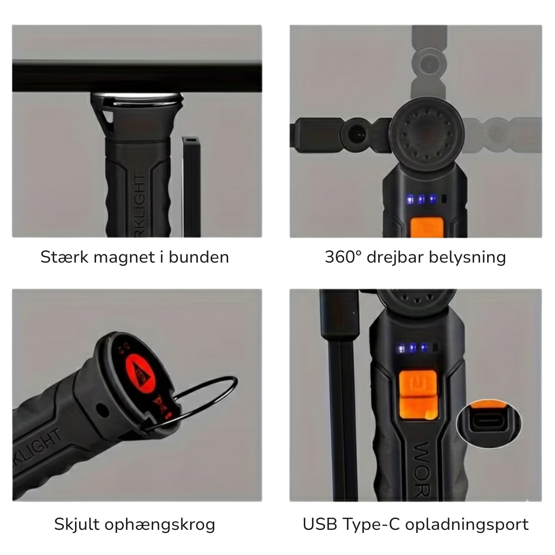 Oppladbar arbeidslampe – USB-C – magnetisk håndfri bruk