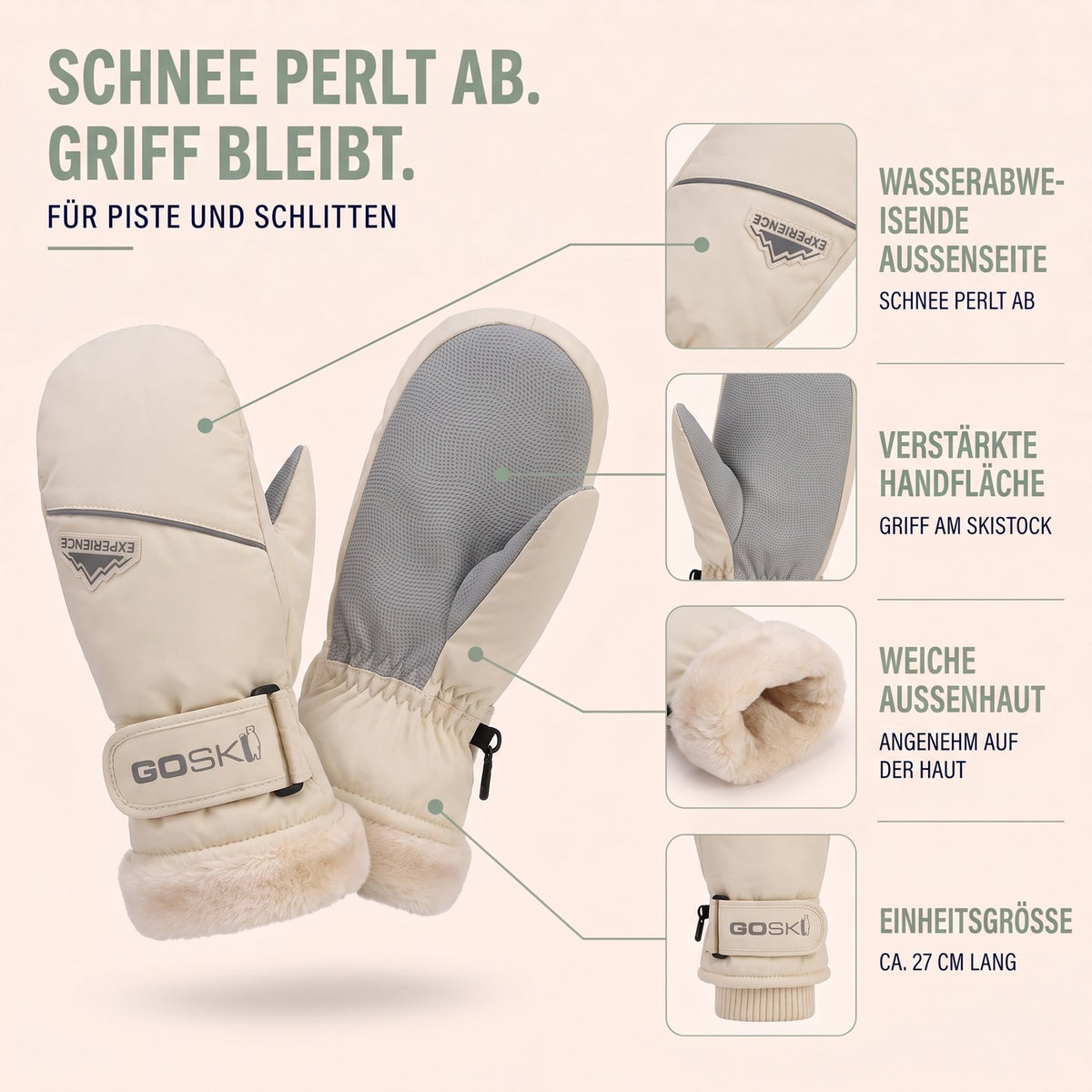 Skihandsker dame beige detalje af plysfor