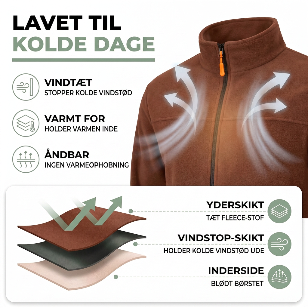 Fleecejakke Herre - Vindtæt - Høj Krave med Lynlås