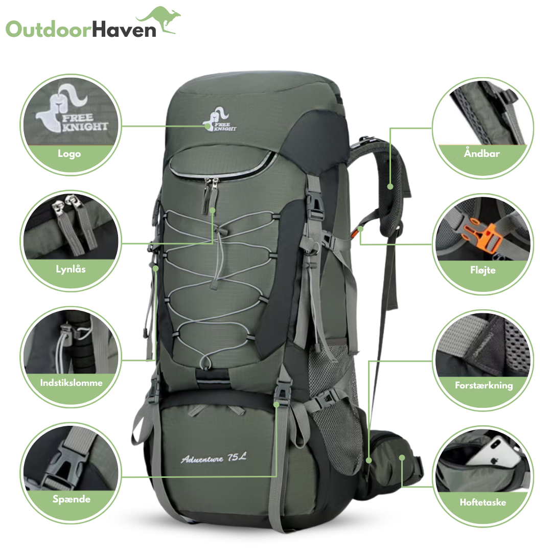OutdoorHaven Trekkingsekk 75L - Vanntett & Multifunksjonell