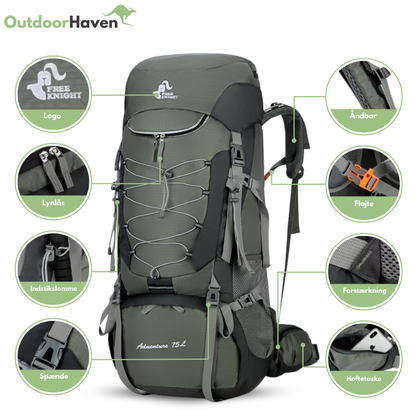 OutdoorHaven Trekkingsekk 75L - Vanntett & Multifunksjonell