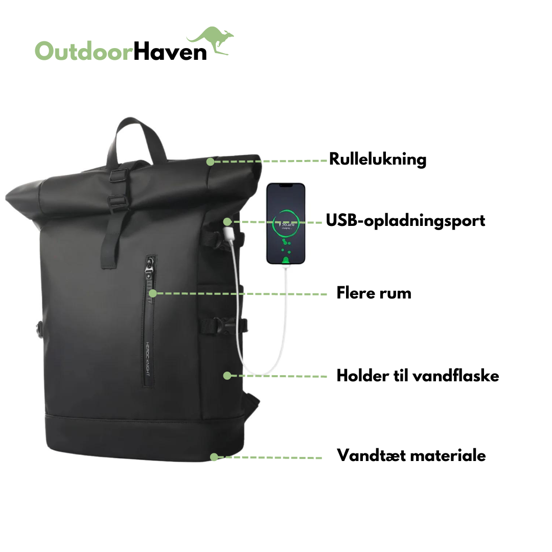 Rolltop-ryggsekk - utendørs - USB-lading