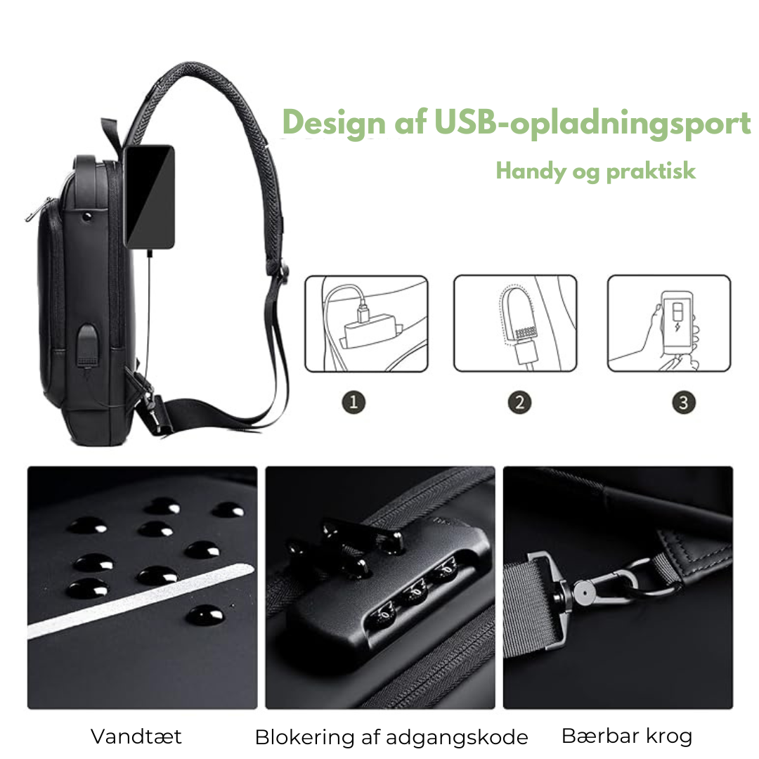 Tyverisikret brysttaske - USB - Nummerlås