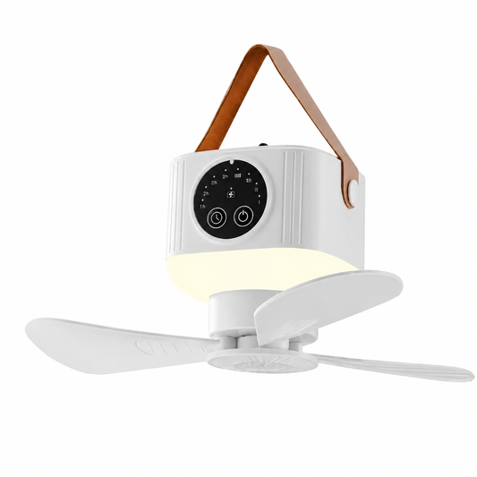 Campingventilator med LED-Lampe – USB-Genopladelig, Fjernbetjening & 8-Timers Timer