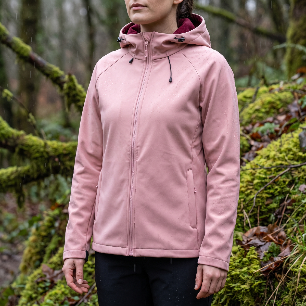 Softshell jakke dame med hætte set forfra
