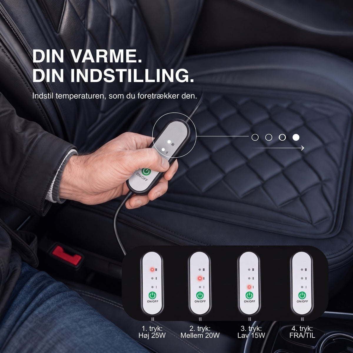 Varmesæde til bil – betjening med trin på 25, 20 og 15 W