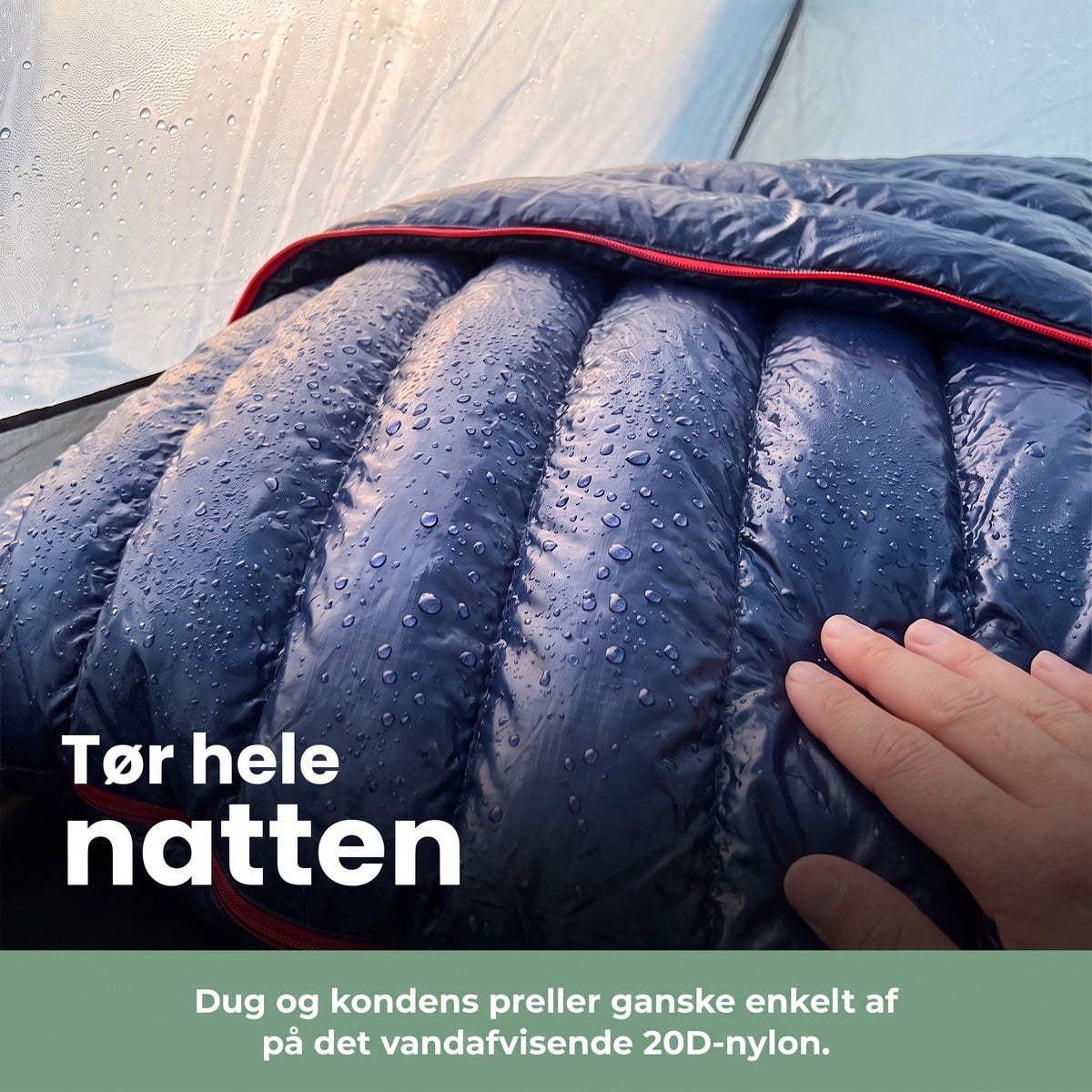 Vandafvisende 20D-nylon på dunsoveposen med dugdråber i teltet