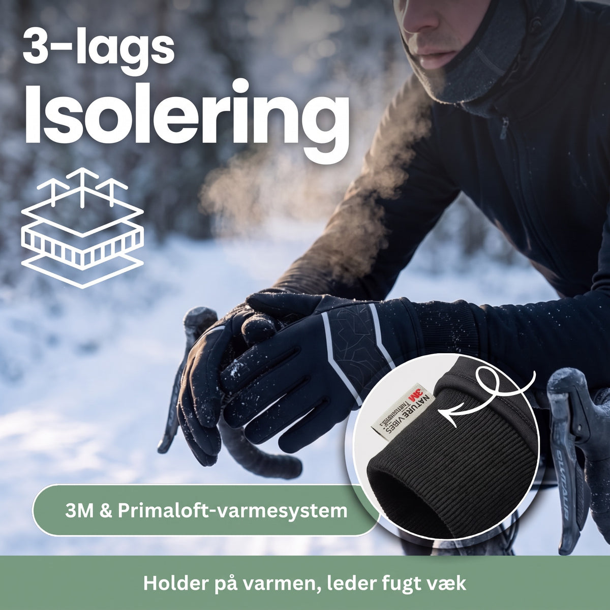 Vinterhandsker med 3-lags isolering på cykelstyret i sneen – 3M & Primaloft