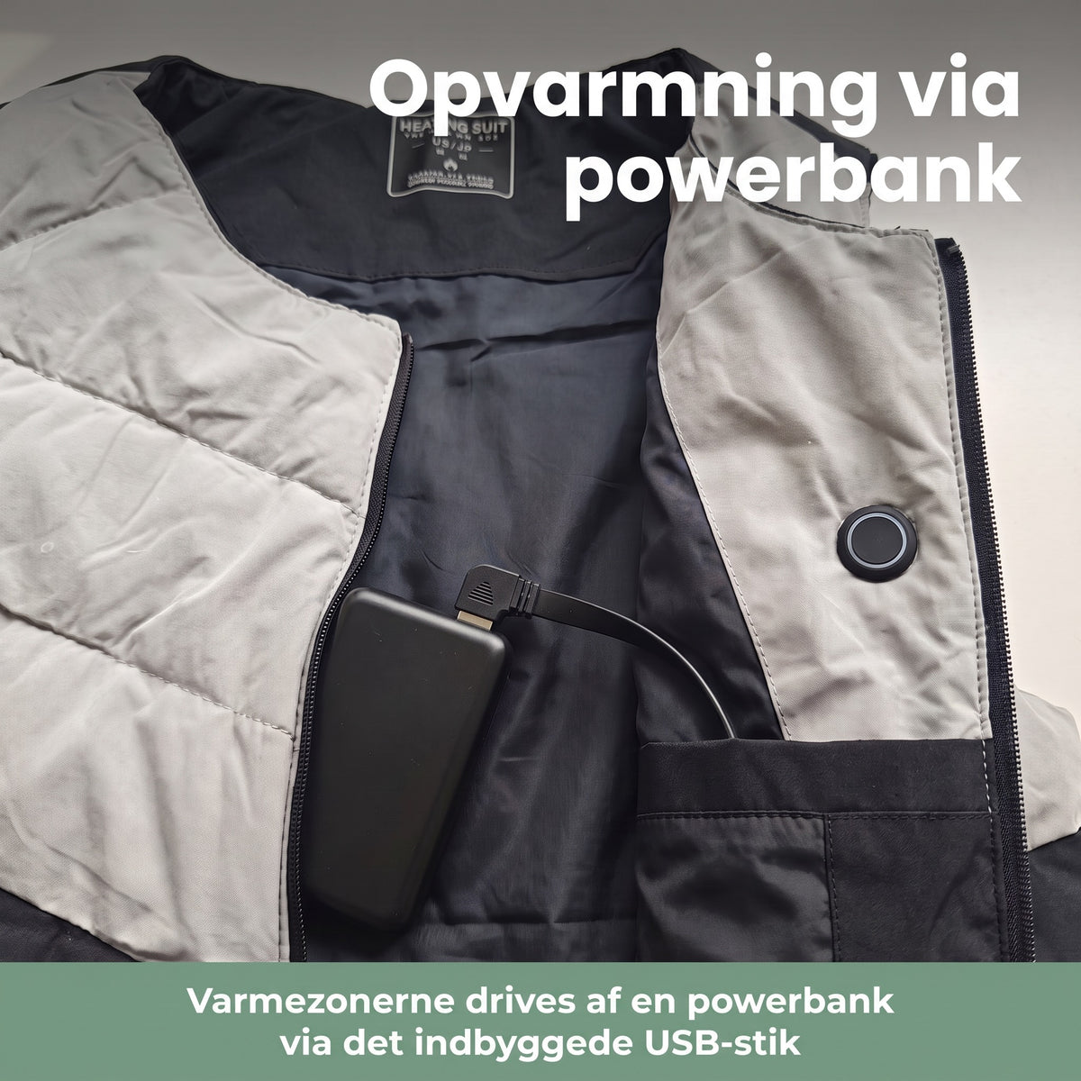Varmevest – powerbank i det indbyggede USB-stik