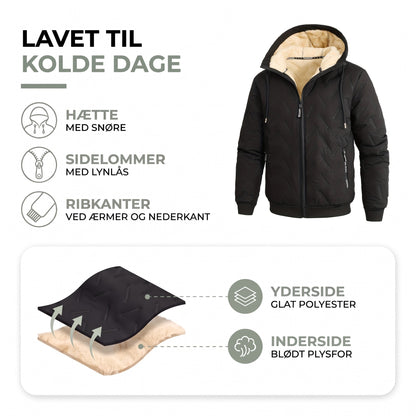Vinterjakke herre opbygning: yderside af glat polyester, inderside af blødt plysfor