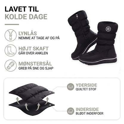 Vinterstøvler dame med foer: lynlås, højt skaft, mønstersål, quiltet stof og inderfoer vist i lag