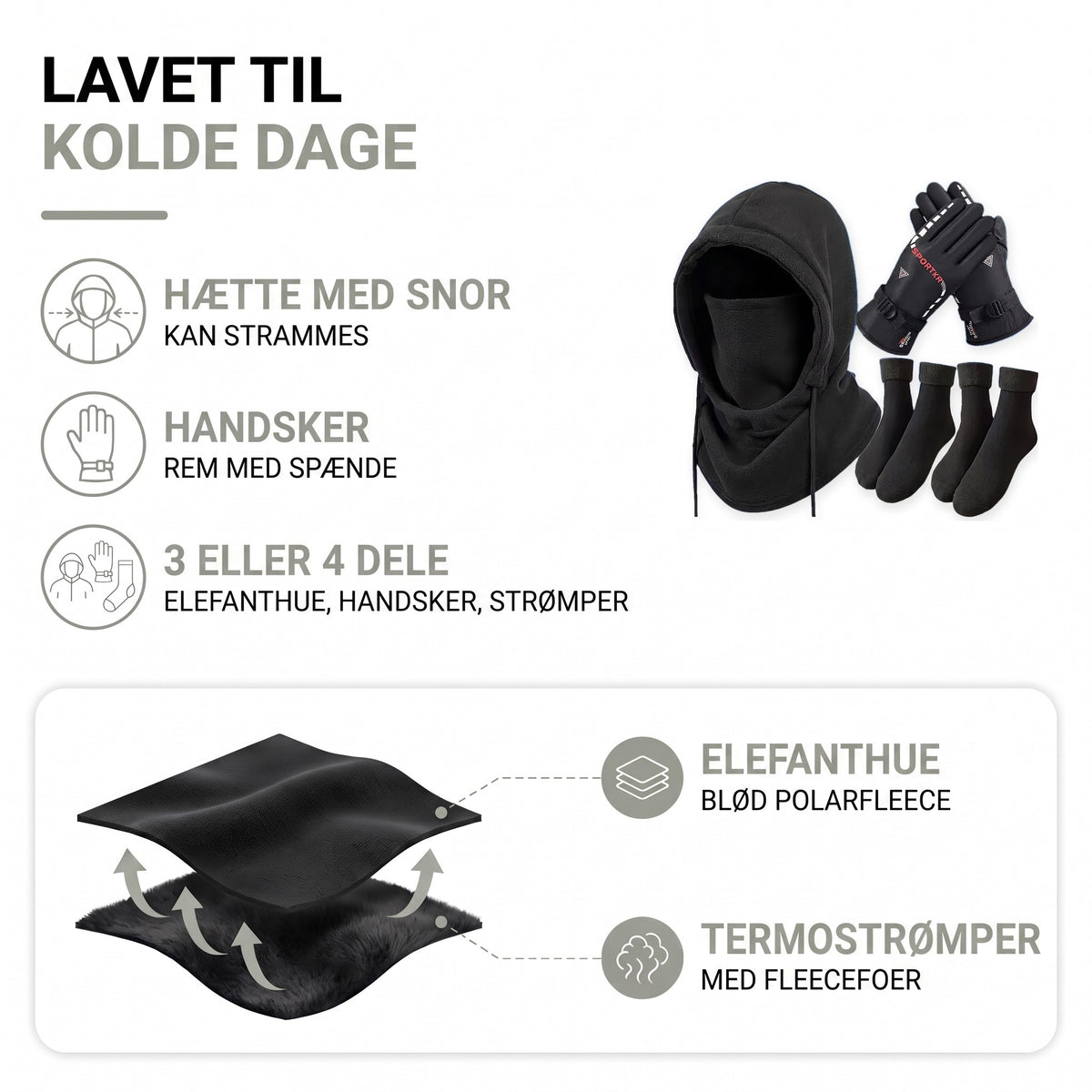 Elefanthue sæt opbygning: blød polarfleece og termostrømper med fleecefoer